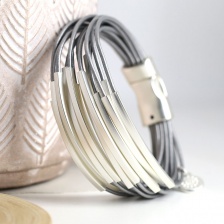 Multistrand Grey Leather Bracelet with Silver Plated Bars by Peace of Mind